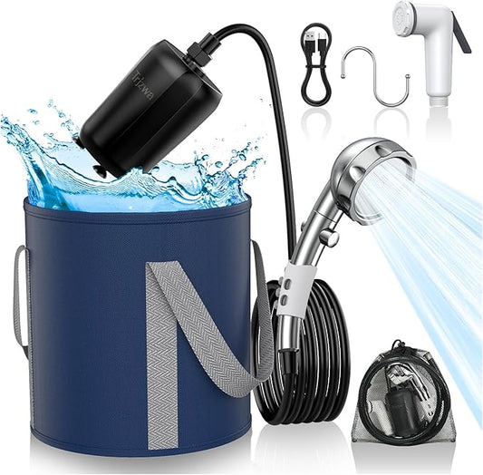 Portable Shower Camping,9000mAh Rechargeable Shower Pump with Digital Display,Adjustable Shower Head and Folding Bucket Outdoor Shower for Camp,Hiking Beach,Travel,Car Washing,Pet Bath,Garden