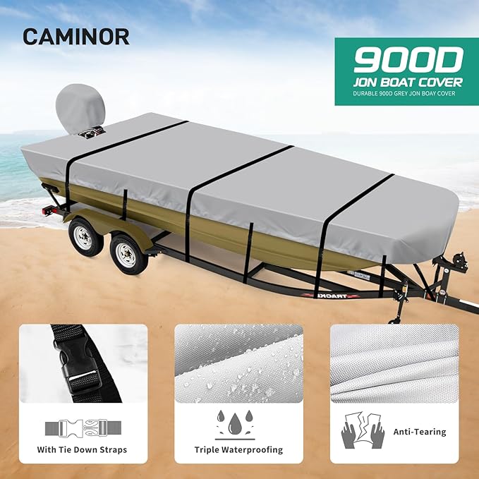 Jon Boat Cover 16ft, 900D Heavy Duty Trailerable Waterproof 16 ft Jon Boat Cover with Motor Cover, Marine Grade Canvas,Gray