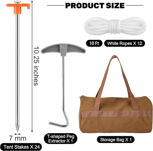 Aodaer 24 Pack Tent Stakes Heavy Duty Tent Pegs 10.25 Inch Non-Rust Metal Yard Stakes with 4x10ft Ropes and Storage Bag Inflatable Stakes for Gardening & Canopies, Camping Halloween Christmas, Orange