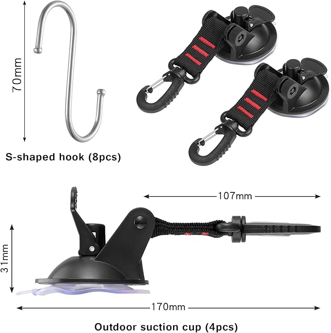 OCR 4 Pack Vacuum Suction Cup, Heavy Duty Sucker Cup Anchor with 8 Securing S Hook, Car Tensioner for Camping Car Mount Tents Luggage Tarps Car Side Awning (with Red Webbing Hook)