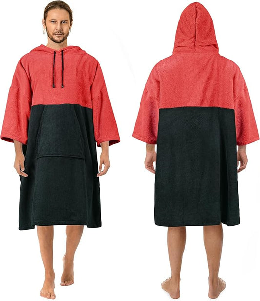 Surf Poncho Changing Robe, 3/4 Sleeve Extra Large Thick Hoodie Towel Poncho for Men Women Beach Swimming, 43" x 35", Black Coral Red