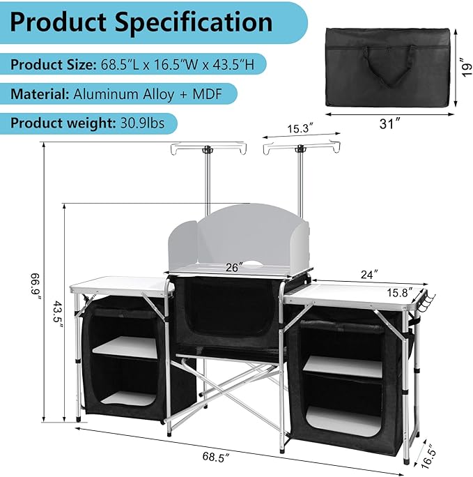 Seeutek Camping Kitchen Table Aluminum Portable Outdoor Cooking Table Foldable Camp Table with Windscreen and 3 Storage Cupboards Multifunctional for BBQ, Party & Outdoor Activities