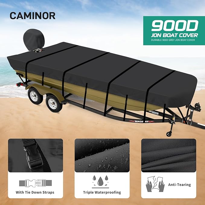 Jon Boat Cover 14 ft, 900D Heavy Duty Trailerable Waterproof Jon Boat Cover 14 Foot with Motor Cover, Marine Grade Canvas,Black