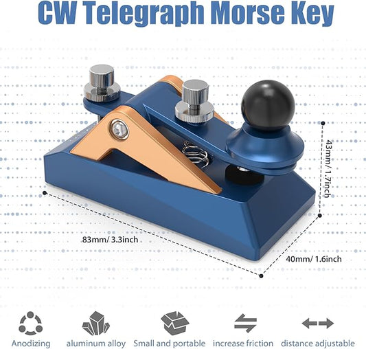 CW Morse Code Key - Pocket Morse Code Telegraph Key Aluminum Alloy Base Grey for Amateur Radio Ham Operators, Adjustable Tension (Blue-09B)
