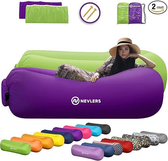 Nevlers 2 Pack Inflatable Loungers Air Sofa Couch | Perfect for Beach Chair Camping Chairs or Portable Hammock |Travel Bag Pouch, Pegs & 3 Pockets| Movie Seating & Camping Accessories Blow Up Lounger