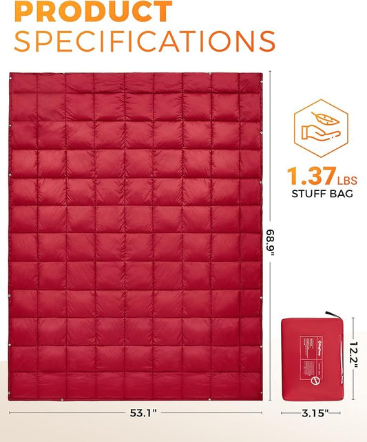 KingCamp Ultralight Camping Blanket, Packable Down Alternative Puffy Wearable Blankets Weatherproof Warm Package Quilt with Snap Buttons for Outdoor Hiking Travel Picnic Stadium (69"L x 53"W, CRIMSON)