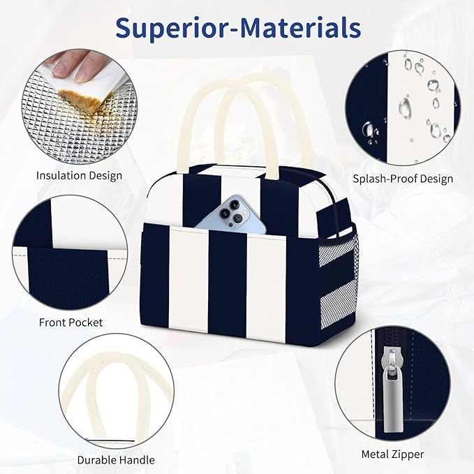 Lunch Bag Lunch Box for Women Men Reusable Insulated Lunch Tote Bag, Food Handbags Case High Capacity for Travel Work Picnic,Vertical Stripe