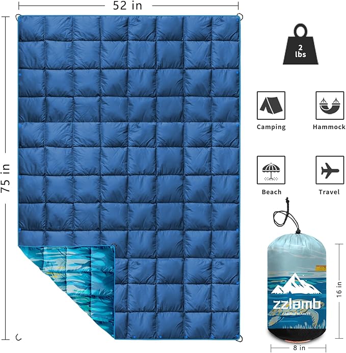zzlamb Camping Blanket, Lightweight Cloak Puffy Down Alternative Travel Blanket, Portable & Windproof Warm Outdoor Blanket, Cozy Quilt Plane Car Picnic Hammock Beach Backpacking, 52x75in
