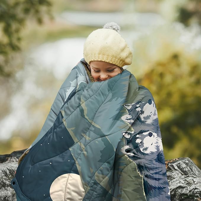 Outdoor Camping Blanket with Sherpa Lining, Extra Warm Thick Camp Blankets & Puffy Ultralight Soft Poncho DWR Camping Quilt for Cold Weather, Adventure,Sleeping,Backpacking 56"x 40"