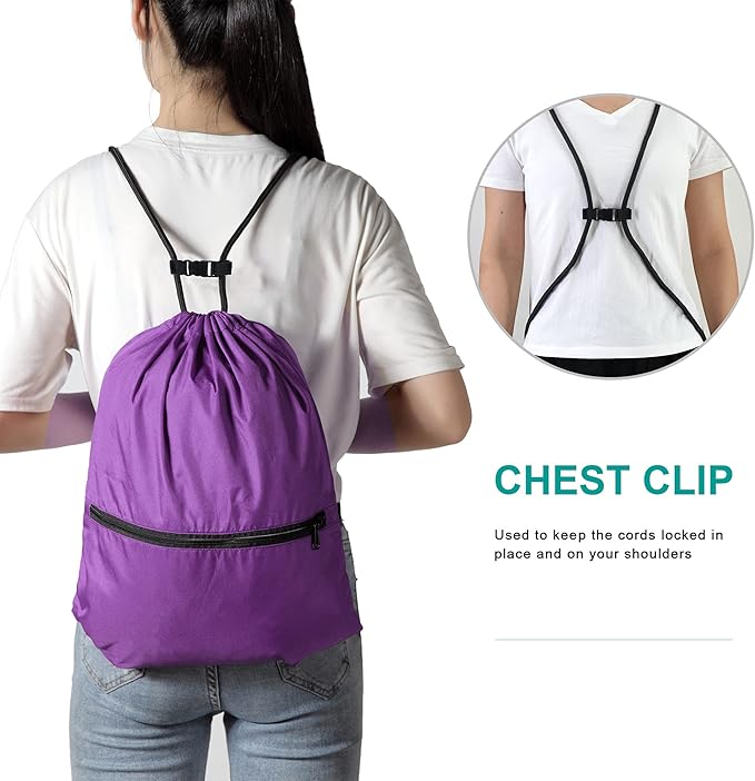 Drawstring Backpack Sports Gym Bag for Women Men Large Size With Two Zipper Pockets and Water Bottle Mesh Pockets