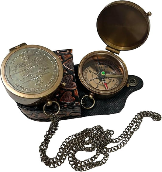 Nautical Solid Brass Directional Magnetic Compass Antique Vintage Design with Engraved Quote Elegant Maritime Navigation Instrument