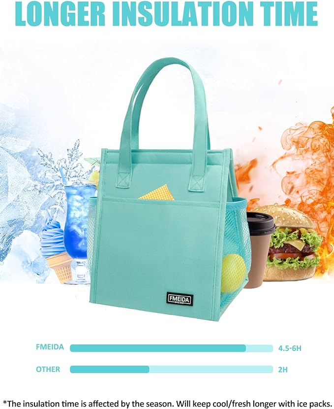 Fmeida Insulated Lunch Bag for Women, Simple Lunch Bag, Thermal Adult Lunch Totes, Reusable Lunch Boxes for Office College Beach Travel | Medium Mint Blue, Front&Side&Interior Pockets