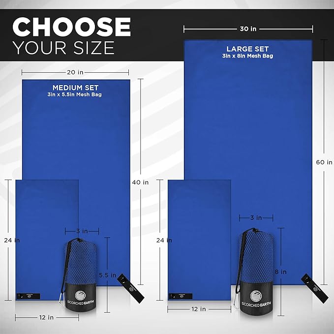 Microfiber Travel & Sports Towel Set - Quick Dry, Super Absorbent, Compact, Lightweight - for Camping, Backpacking, Hiking, Beach, Yoga, Swimming - Includes 2 Sizes + Carrying Bag & Clip