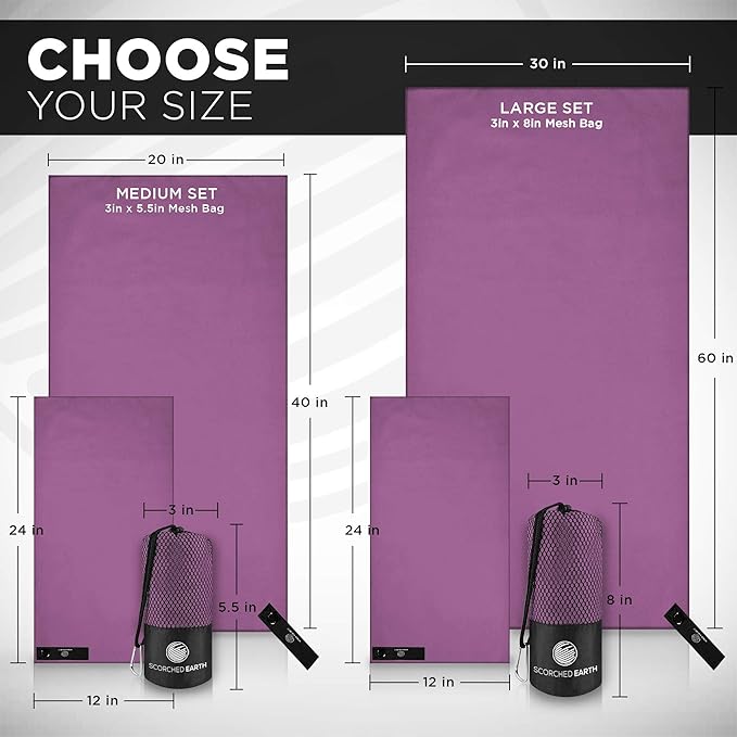 Microfiber Travel & Sports Towel Set - Quick Dry, Super Absorbent, Compact, Lightweight - for Camping, Backpacking, Hiking, Beach, Yoga, Swimming - Includes 2 Sizes + Carrying Bag & Clip