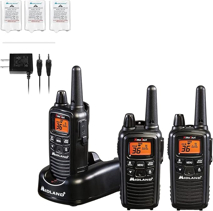 Midland® - LXT633VP3 Walkie Talkies with 36 FRS Channels – Two-Way Radio NOAA Weather Alert & Scan Technology, Dual Power Options, 121 Privacy Codes, Silent Operation, Xtreme Range – Black, Set of 3
