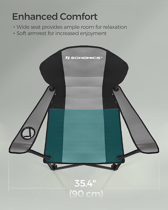 SONGMICS Folding Camping Chair, with Comfortable Sponge Seat, Cup Holder, Heavy Duty Structure, Max Load Capacity 551 lb, Outdoor Picnic Chair, Gray and Black UGCB006G01