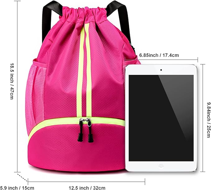 Drawstring Backpack Sports Gym Sackpack with Side Mesh Pockets Shoe Compartment Water Resistant String Bag for Women Men (Rose Red)