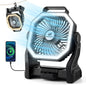 Odoland Camping Fan with LED Lantern, 20000mAh Rechargeable Battery Operated Fan, Portable Outdoor Light with Rotation Hook for Picnic Power Outage Hurricane Emergency Home Patio, Black