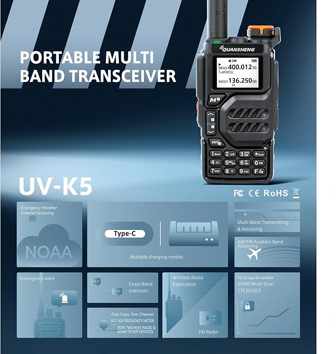 Quansheng UVK5 Walkie Talkie, VHF/UHF/FM/DTMF 200CH, 2 Way Radio NOAA Weather Forecast, Flash Copy Frequency, Type-C Connector, Air Band Radio(RX), Handheld Portable Radio for Hiking Camping Travel