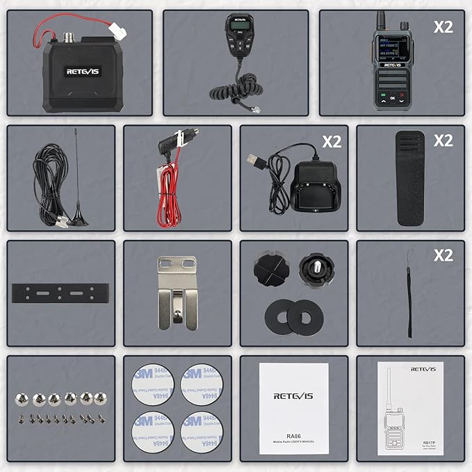 Retevis RA86 GMRS Mobile Radio, Dual Speakers NOAA High Power Transceiver, RA86 Long Range Mobile Radio (1 Pack) with Handheld RB17P Walkie Talkies (2 Packs), GMRS Communicate Kit for Jeeps