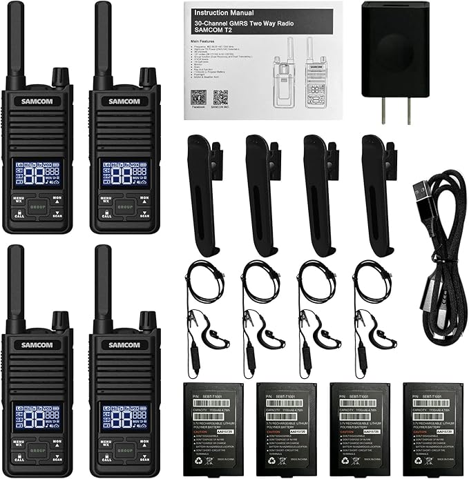 Samcom GMRS Walkie Talkies Long Range, Type-C Rechargeable Two Way Radio with earpiece for Adults, 2-Way Radios Handheld Two-Way Radios with USB Base Charger for Camping (4 Pack, Black)