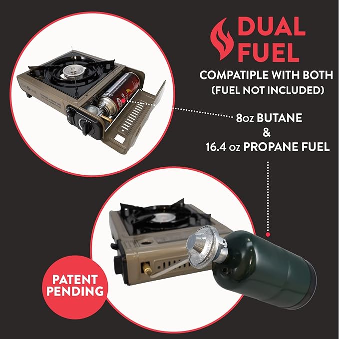 Gas One Propane or Butane Stove GS-3400P Dual Fuel Portable Camping and Backpacking Gas Stove Burner with Carrying Case Great for Emergency Preparedness Kit (Gold) (Stove + 4 Butane Fuel)