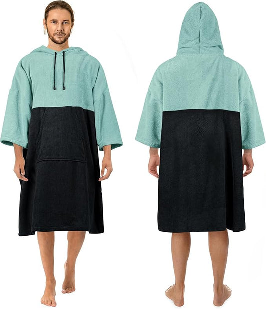 Surf Poncho Changing Robe, 3/4 Sleeve Extra Large Thick Hoodie Towel Poncho for Men Women Beach Swimming, 43‘’x35‘’, Black Teal