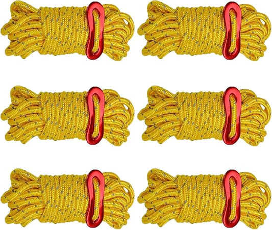 6 Pack 4mm Outdoor Guy Lines Tent Cords Reflective Canopy Wind Rope Lightweight Camping Rope with Aluminum Guylines Adjuster for Tent Tarp, Canopy Shelter, Camping, Hiking, Backpacking (yellow)