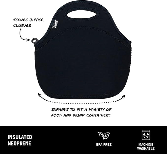 BUILT Gourmet Getaway Soft Neoprene Lunch Tote Bag Lightweight, Insulated and Reusable, One Size, Black