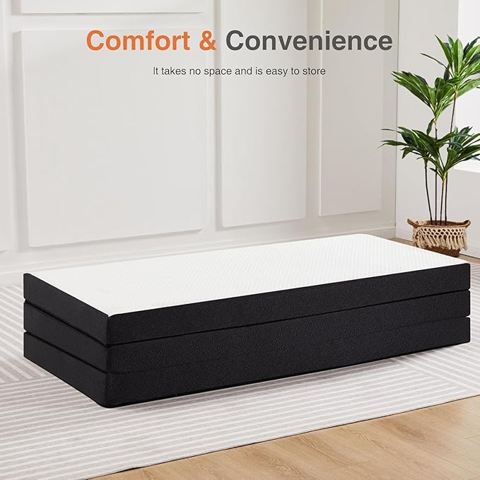 Sweetcrispy Tri-fold Memory Foam Mattress - 3 Inch Queen Size Portable Bed Pad, Foldable Floor Mat, Collapsible and Washable Cover with CertiPUR-US Certified, for Travel & Camping & Yoga