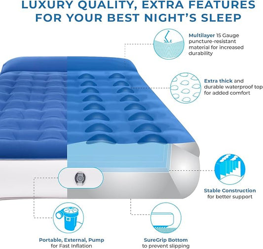 SoundAsleep Dream Series Big Kids Air Mattress with High Speed External Pump - Portable, Blow up Bed for Big Kids - Inflatable Air Mattress for Home and Camping