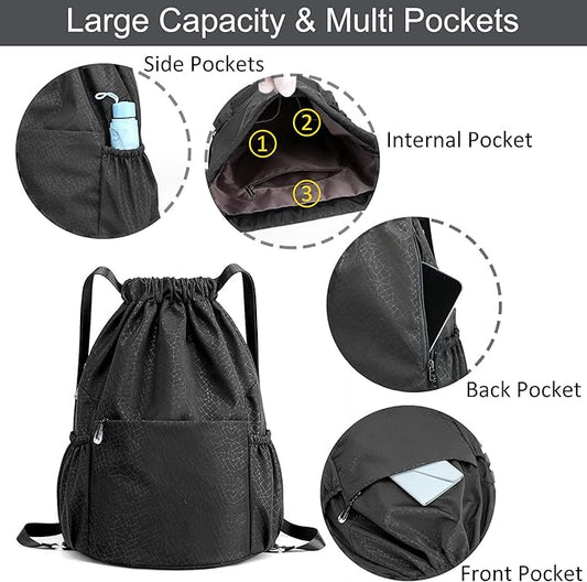 Drawstring Backpack Sports Yoga Sackpack for Women Men Waterproof Nylon Gym Sack DayPack with Multi Pockets (Black)
