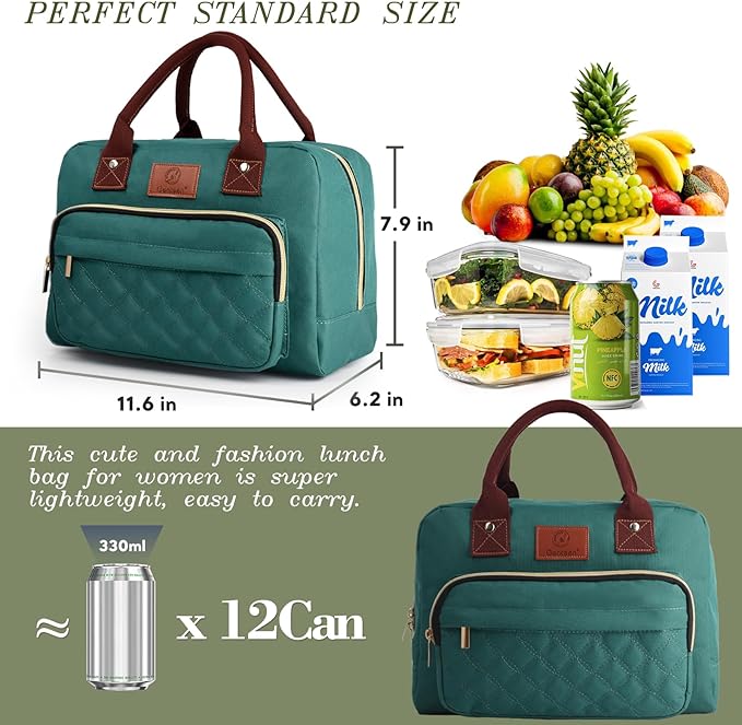 Lunch Bag for Women,Insulated Adult LunchBox for Women,Reusable Cute Lunch Bags for Work,High Capacity Cooler BagTote for Work Girls Office Picnic School-Lake Green
