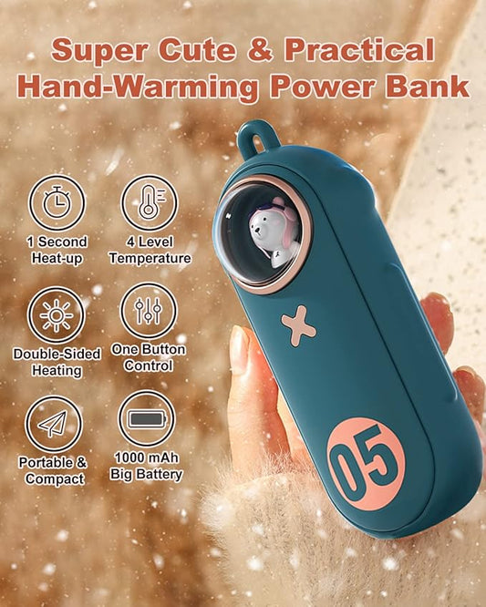 Portable Hand Warmer Electric Fast Warming Up Power Bank, 10000mAh Rechargeable Hand Warming 4 Heat Levels Double-Sided Heating, Cute Pocket USB Handwarmer for Outdoors Hunting Camping