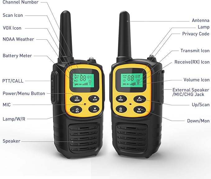 Rechargeable Walkie Talkies,Fvamom Walkies Talkies for Adults with 22 Channels,Long Range Walkie Talkies with NOAA Weather Channels,VOX LCD Display LED Flashlight(Yellow)
