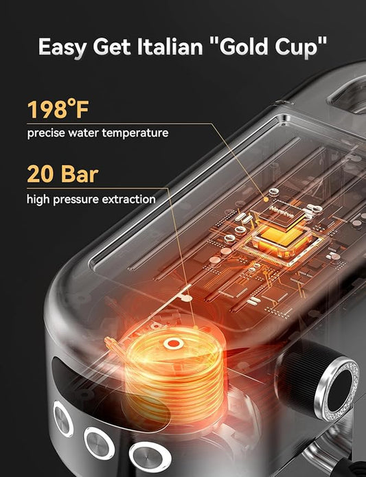 Neretva Espresso Machine 20 Bar, Super Compact Espresso Maker Stainless Steel Professional Coffee Machine Espresso with LED Display & Milk Frother for Home Barista Latte and Cappuccino Maker