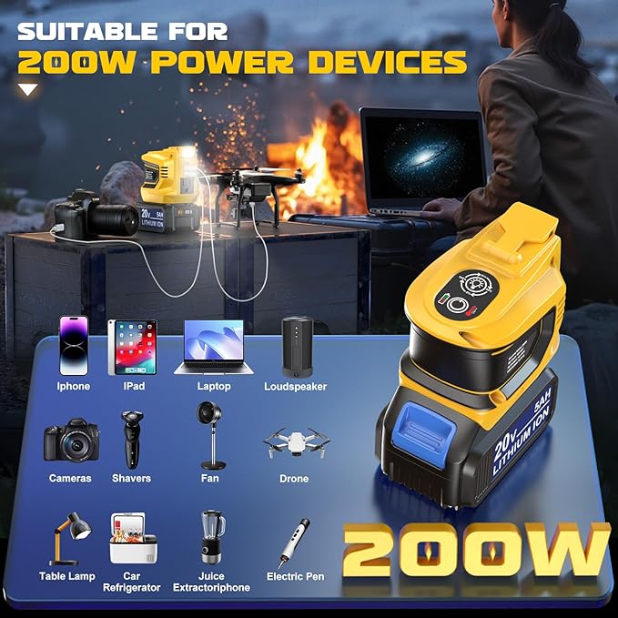 Power Inverter,200W Portable Power Station Generator for DeWALT 20V,Battery Inverter 20v to AC 110v,Supply Charger Adapter with Dual USB,AC Outlet and Type-C with 5Ah Battery & Charger Station Kit