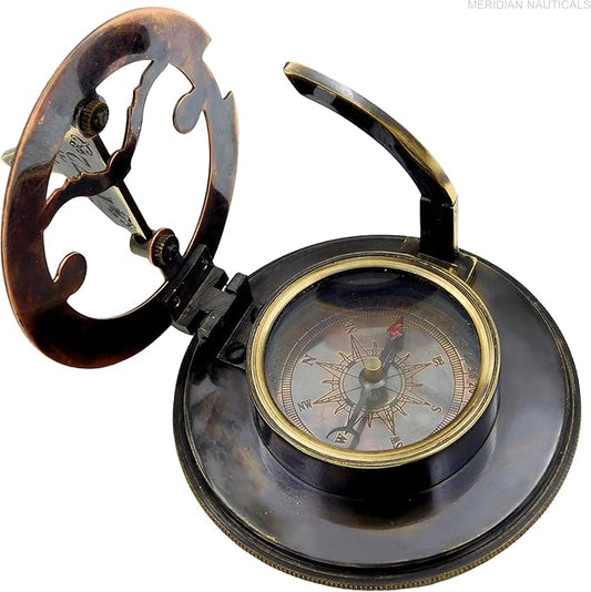 Brass Sundial Compass -Drum Sundial with Stamp Leather Box.Maritime Nautical Antiques Nautical Reproduction