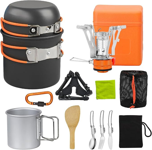 Camping Cooking Set Camping Cookware Outdoor Aluminum Mess Kit with Frying Pan, Pot with Lid, 1.2L Kettle Set and 2 Stainless Steel Plate, 2 Folding Cups and 2 Set Knives Spoons for Backpacking Picnic
