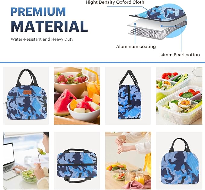 Lunch Bag for Women & Men Adult Insulated Lunch Box, Small Leakproof Cooler Food Lunch Containers Reusable High Capacity Lunch Tote Bags for Work, Travel, Outdoor (Blue Camo)