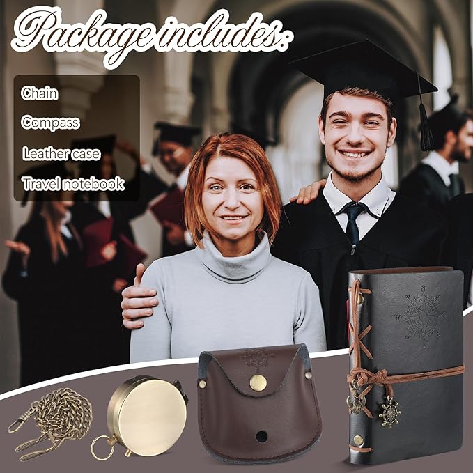 Kanayu 2 Pcs Compass Graduation Gift Compass with Stamped Leather Case and Leather Journal Notebook High School College Graduation Gifts for Him