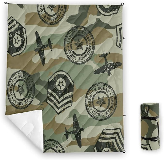 Axolotl Camouflage Printed Camping Blanket,Lightweight Portable Waterproof Puffy Military Themed Travel Blanket,Aircraft Medal Packable Outdoor Blanket for Picnic,Camping,Travel,Stadium,Hiking,Green