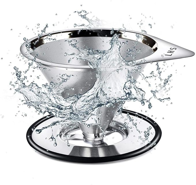 LHS Pour Over Coffee Dripper Stainless Steel Coffee Filter Metal Cone Filter Paperless Reusable Coffee Filter Single Cup Coffee Maker 1-2 Cup With Non-slip Cup Stand and Cleaning Brush