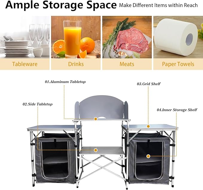 Camping Kitchen Table, Portable Aluminum Outdoor Cooking Station with 2 Storage Cupboards & Carrying Bag, Outdoor Cooking Table for BBQ Beach RV Traveling Picnic (Silver)