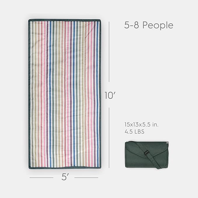 Little Unicorn Outdoor Family Picnic & Beach Blanket, Water-Resistant, Compact Fold, XL Size, 5 x 10 feet, (Chroma Rugby Stripe)