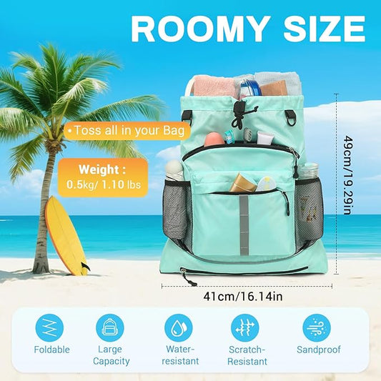Drawstring Backpack, Waterproof Sandproof Beach Backpack for Sport Gear Small Gym Bag with Hidden Ball Net Pocket and Seperated Wet Pocket Draw String Back Bag for Women Men, Green