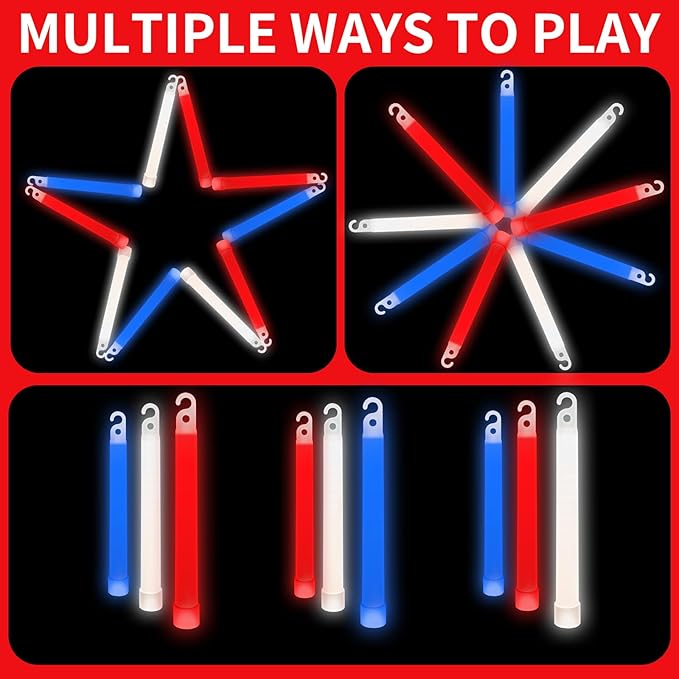 Denylo pro 6 Ultra Bright Glow Sticks 6 Inch Large Red White and Blue Glow Sticks for Parties, Camping, Emergency Light and Survival Kit with 12 Hours Duration