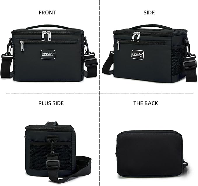 BEIMILY Lunch Box for Men/Women, Small Insulated Lunch Bag, Leak-Proof Soft Cooler Tote Bag, Reusable LunchBox for Work, Travel, Fitness, Picnic with Adjustable Shoulder Strap for Adults (Black)