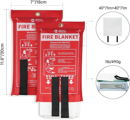 RHINO RESCUE Fire Blanket, 40''×40'' Fiberglass Emergency Fireproof Gear, Flame Retardant Protection for Home, Kitchen, Camping, Hiking, 4 Count