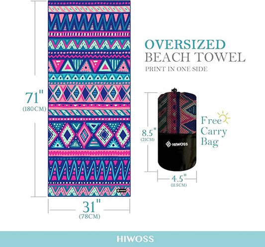 Microfiber Beach Towels Oversized 71"x31", Soft Touch Ultra-Absorbent Quick Dry Sand Free Large Pool Towels with Mesh Bag for Travel Camping Bathroom,Boho-Chic